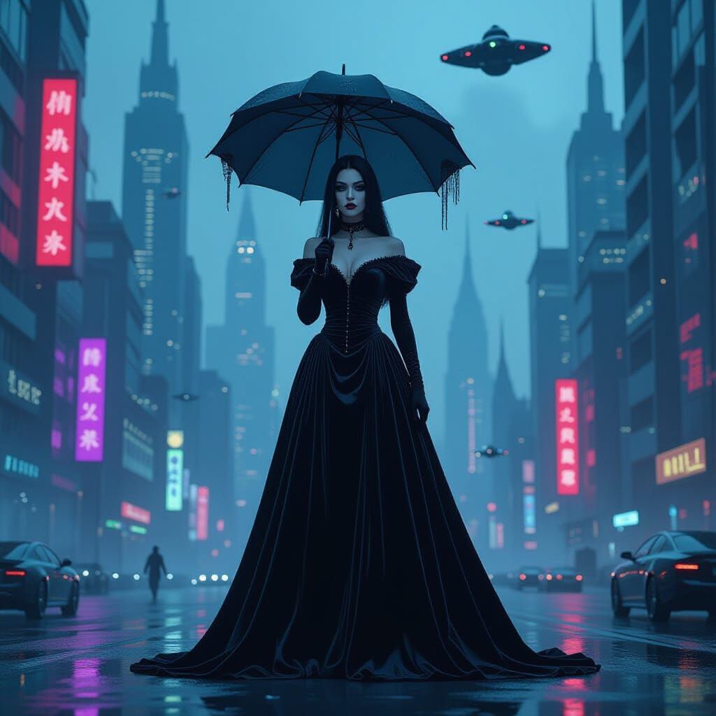 Goth Queen in Cyberpunk City as Matte Painting