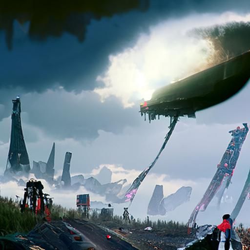 Enormous starcruiser emerges through clouds above ruined wre...