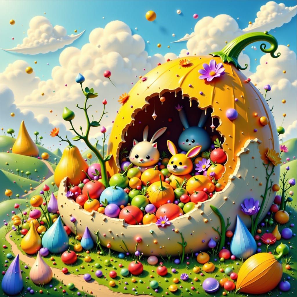 Splash art. A fantastical farmstand crafted from giant, hollowed-out gourds, filled with shimmering, crystalline produce. A family of colorf...