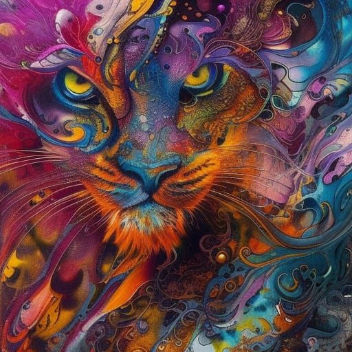 Terrifying ghost tiger, yellow brown orange black, liquid, ink, splatter, splash, by James Jean and Arthur ...  by @Da-Li-Nay