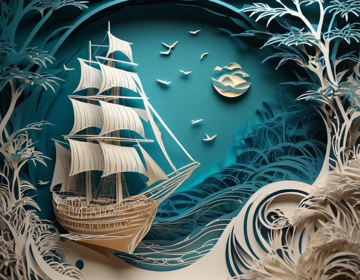 Kirigami paper cut image of a sailing boat on the ocean, int...