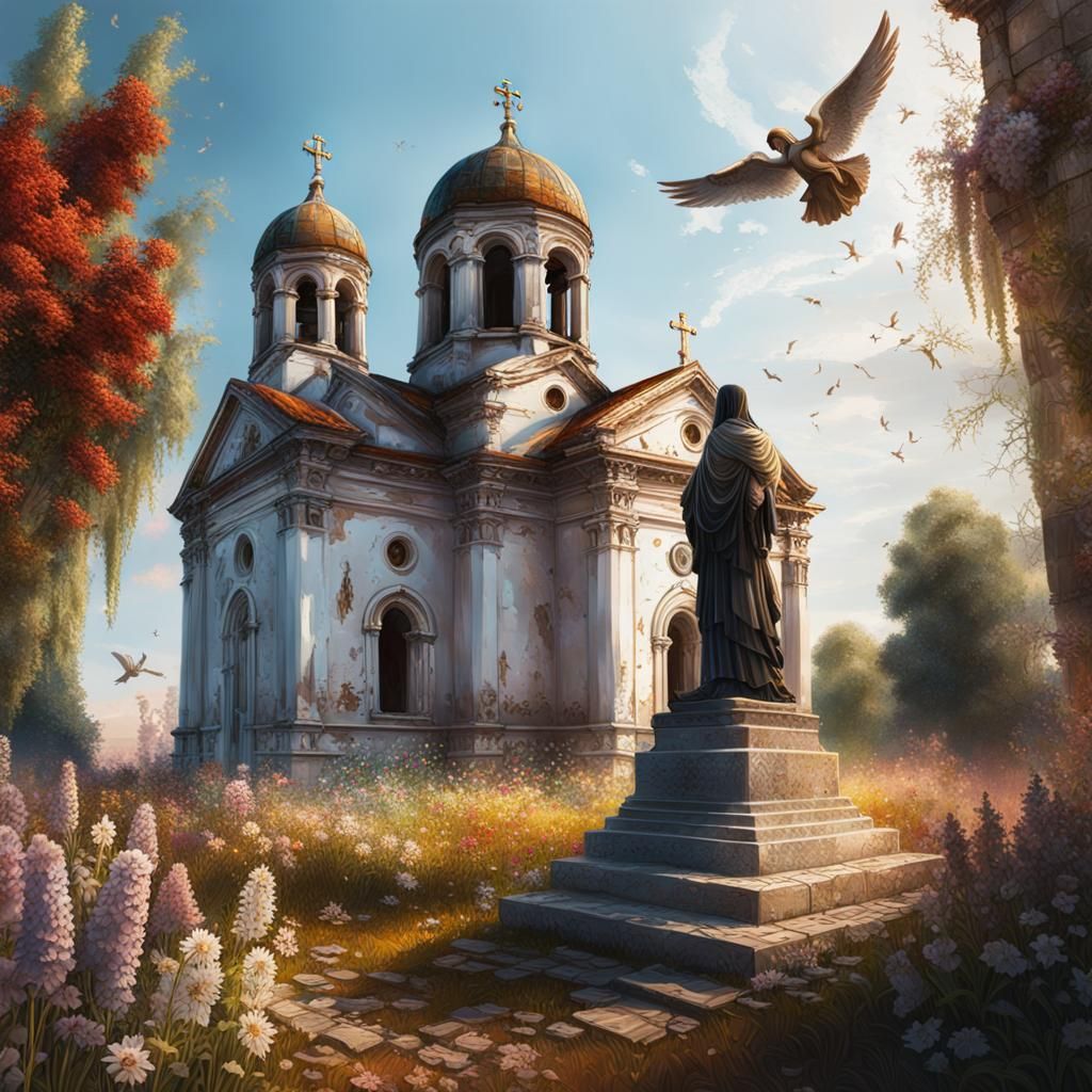 A ruined Orthodox church in a field among flowers