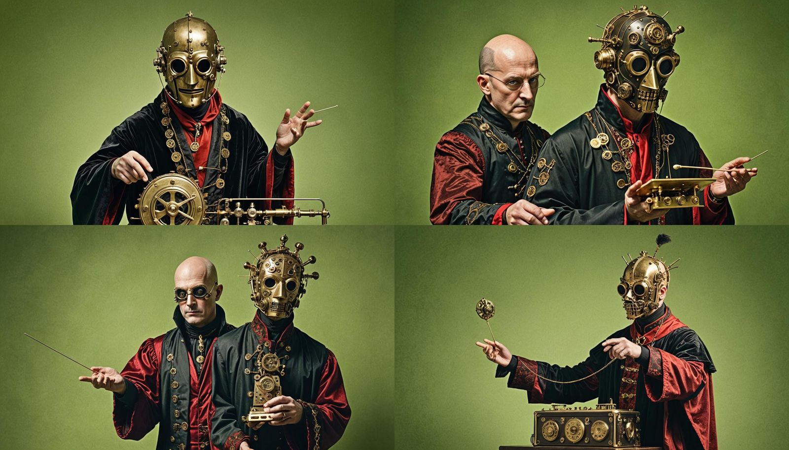 a bald man in a black and red robe wearing a brass steampunk...