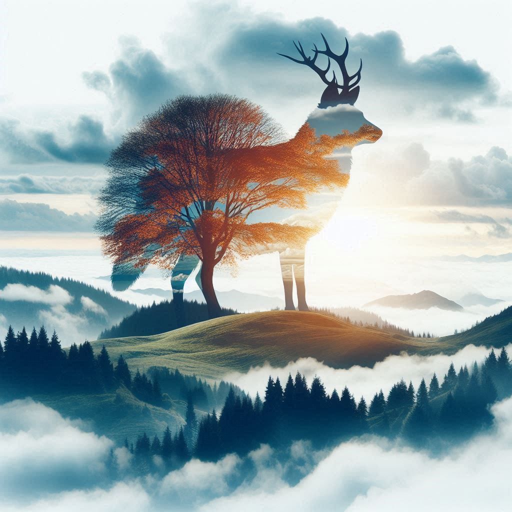 double exposure beautiful fantasy DALL-E 3 portrait landscape..