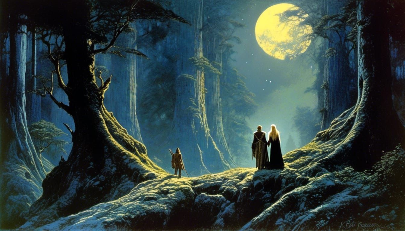 An Elven man and woman holding hands in solitude in the deep moonlit enchanted forest of Nan Elmoth, Vale of Stardusk, where the trees grew...