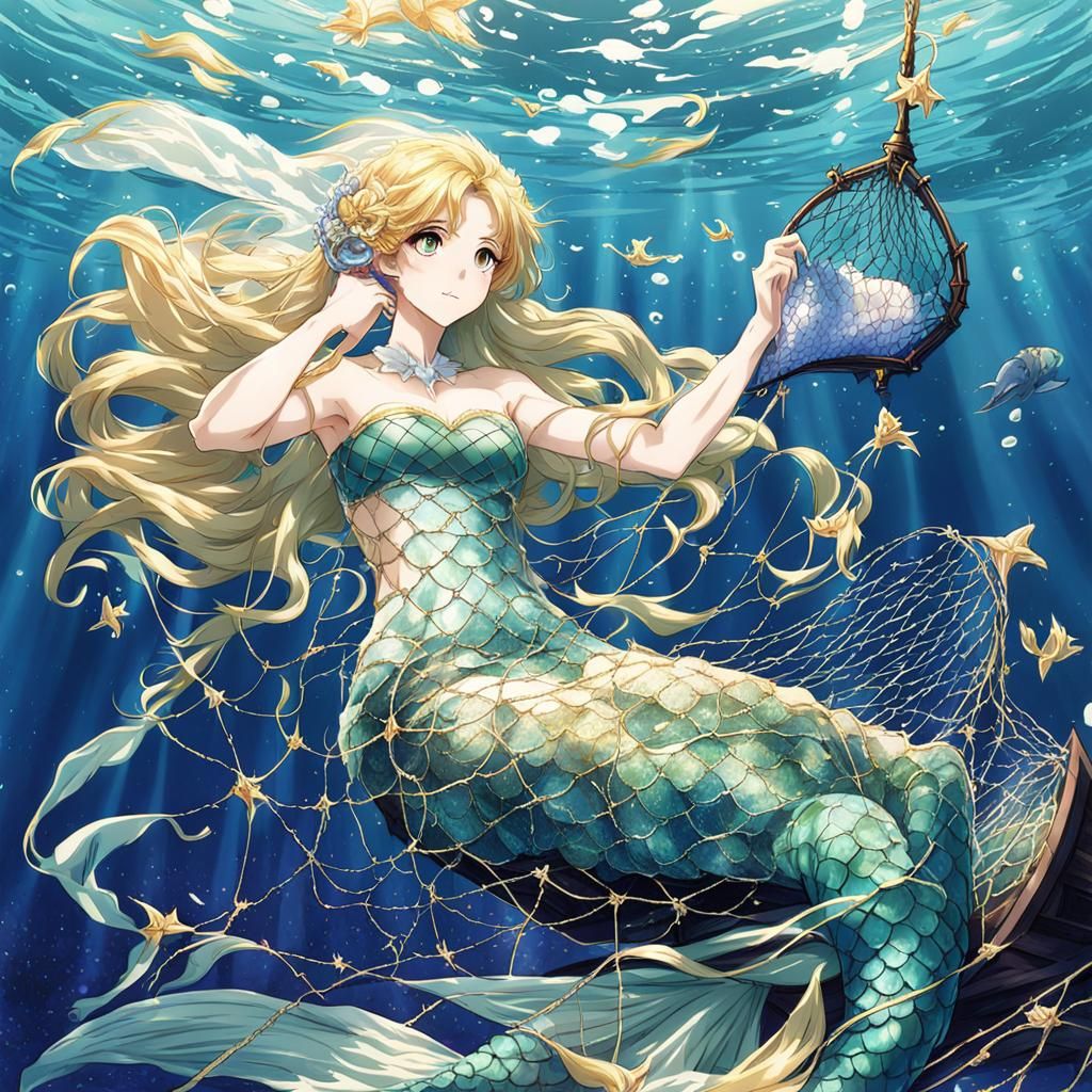 Mermaid Caught Tangled in Net - AI Generated Artwork - NightCafe Creator
