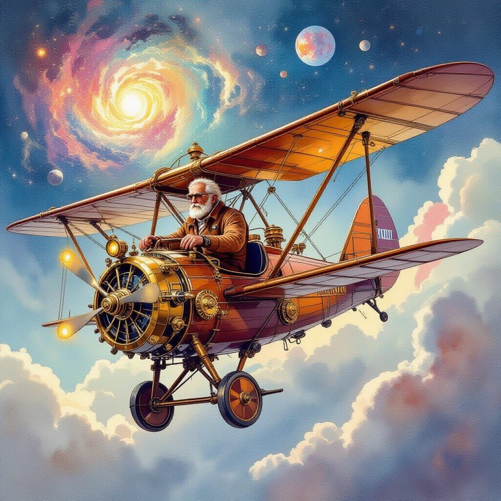 Steampunk Ornithopter Pilots Nebulae Sky in Watercolor Style