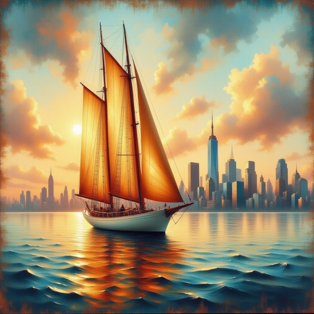 <lora:Oil-HD 2 Flux:1.0> hyper detailed intricate hyper realistic sailboat at dusk with a NYC skyline gritty grunge antique watercolor style...