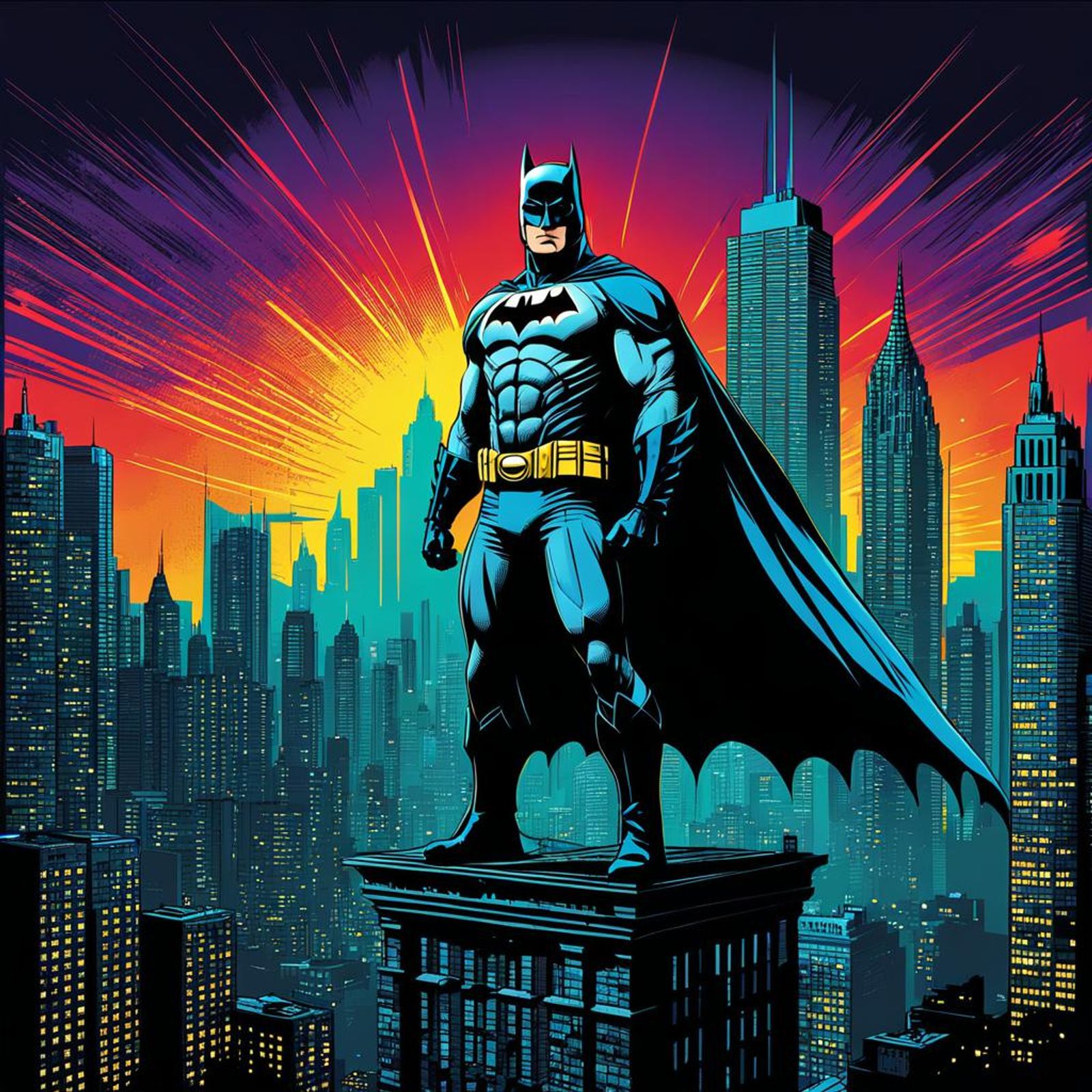 Pop art style - Batman on top of a building with Gotham City skyline ...