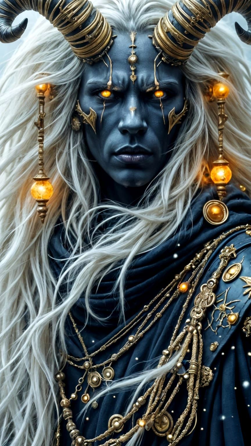 Hyperreal White Lion with Demon Head in Sinister Snowfall