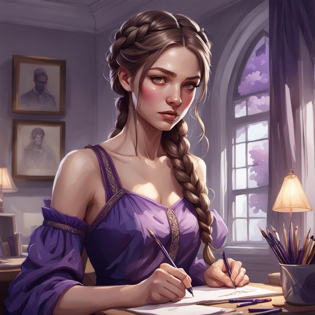 Girl Sketching House: Concept Art by Rutkowski, Artgerm