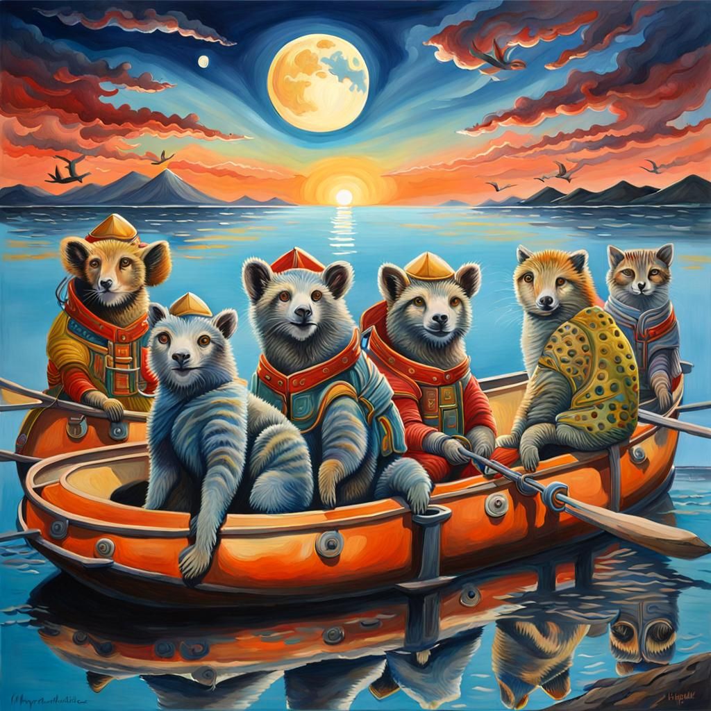 Seashore Animal Party at Sunrise in Gouache Style