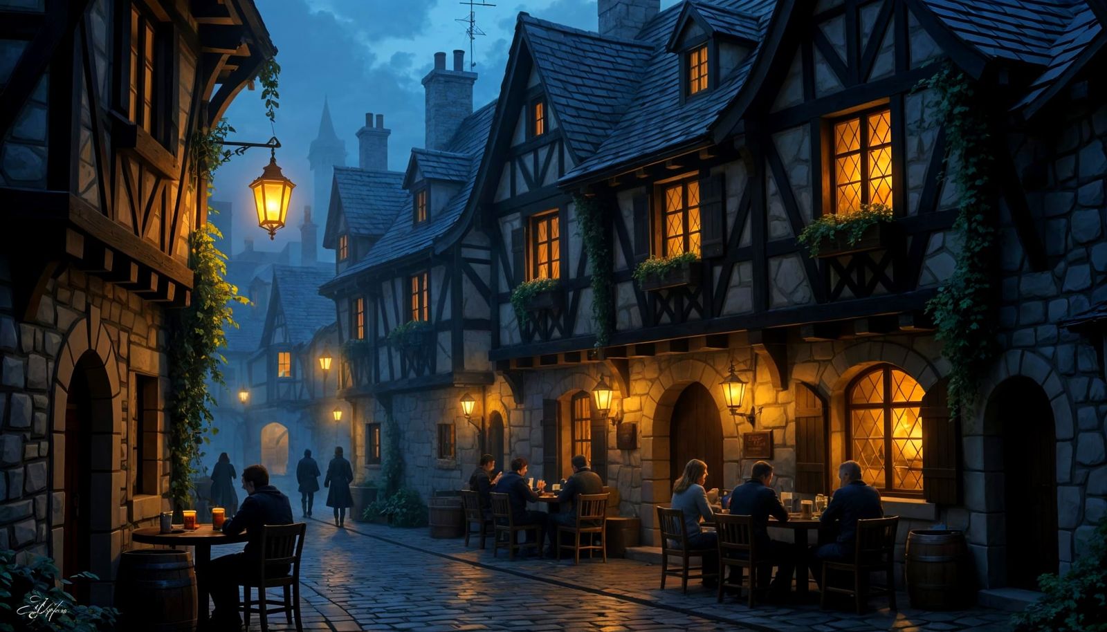 🍺Medieval Tavern Glow. A cozy medieval tavern nestled at the end of a narrow cobblestone alleyway, golden ...  by @Hugo Raul