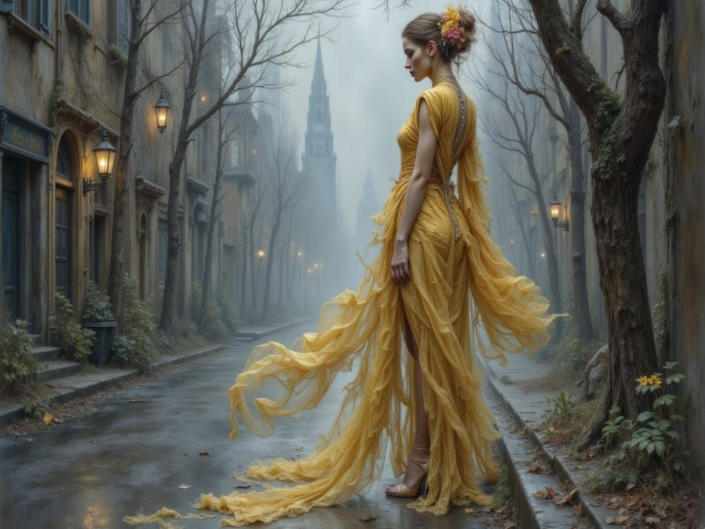 She walks down the street 
, looks over her shoulder with a smile and then twirls around