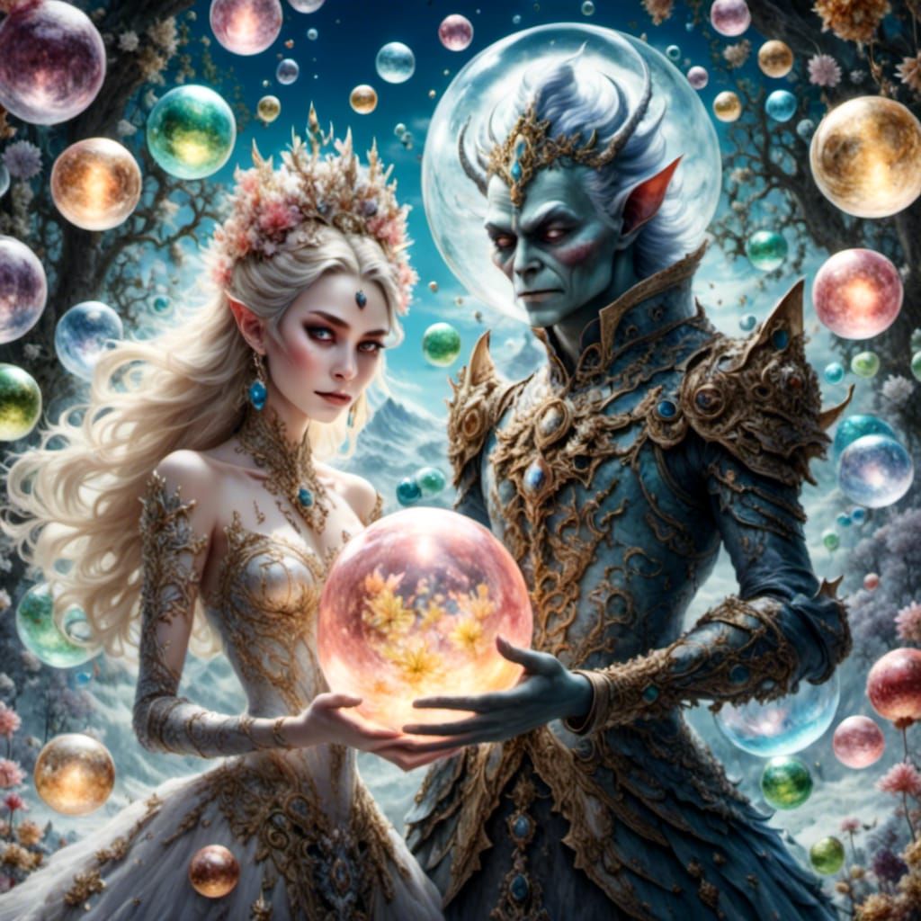 goblin queen and king holding glowing spheres in hands with ...