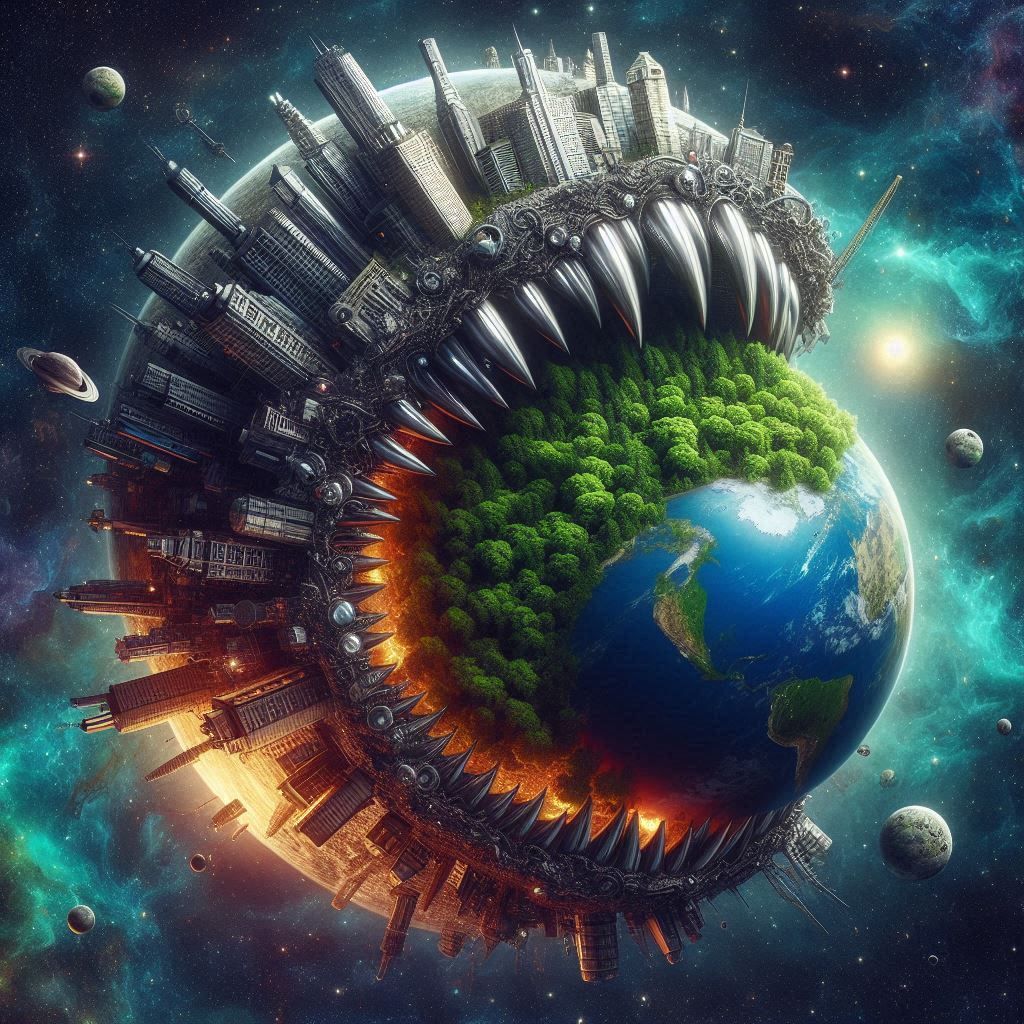 in a cosmic space there is a metalic planet with buildings that eats a Green planet with trees