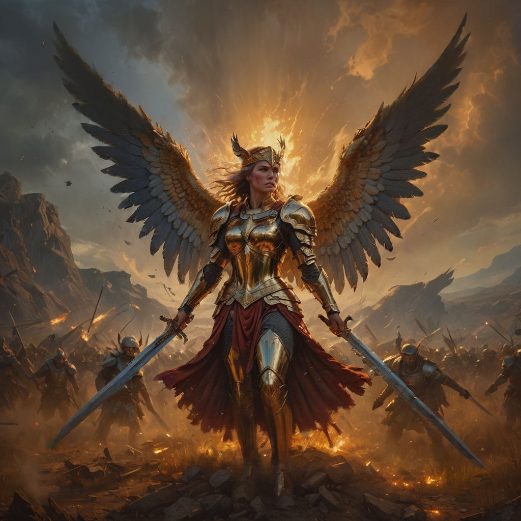 Oil painting by James Gurney. Full shot. A powerful valkyrie stands on a battlefield, her wings spread ...  by @Luna