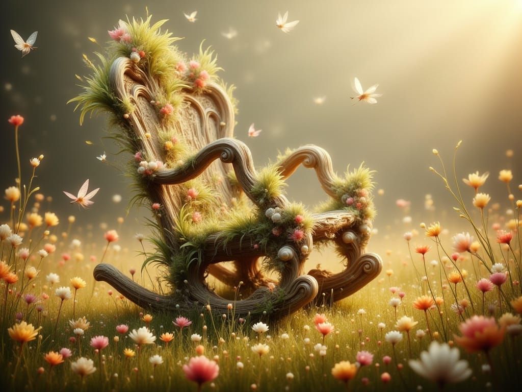 Picture a gigantic, ancient baroque rocking chair, meticulously assembled from harmoniously stacked pebbles ...  by @AkaMonAI 