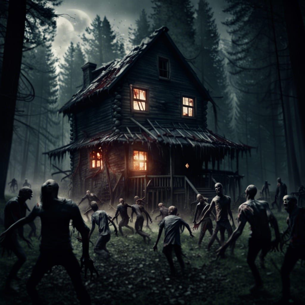 Cabin in the woods being attacked by zombies. Spooky scary u...
