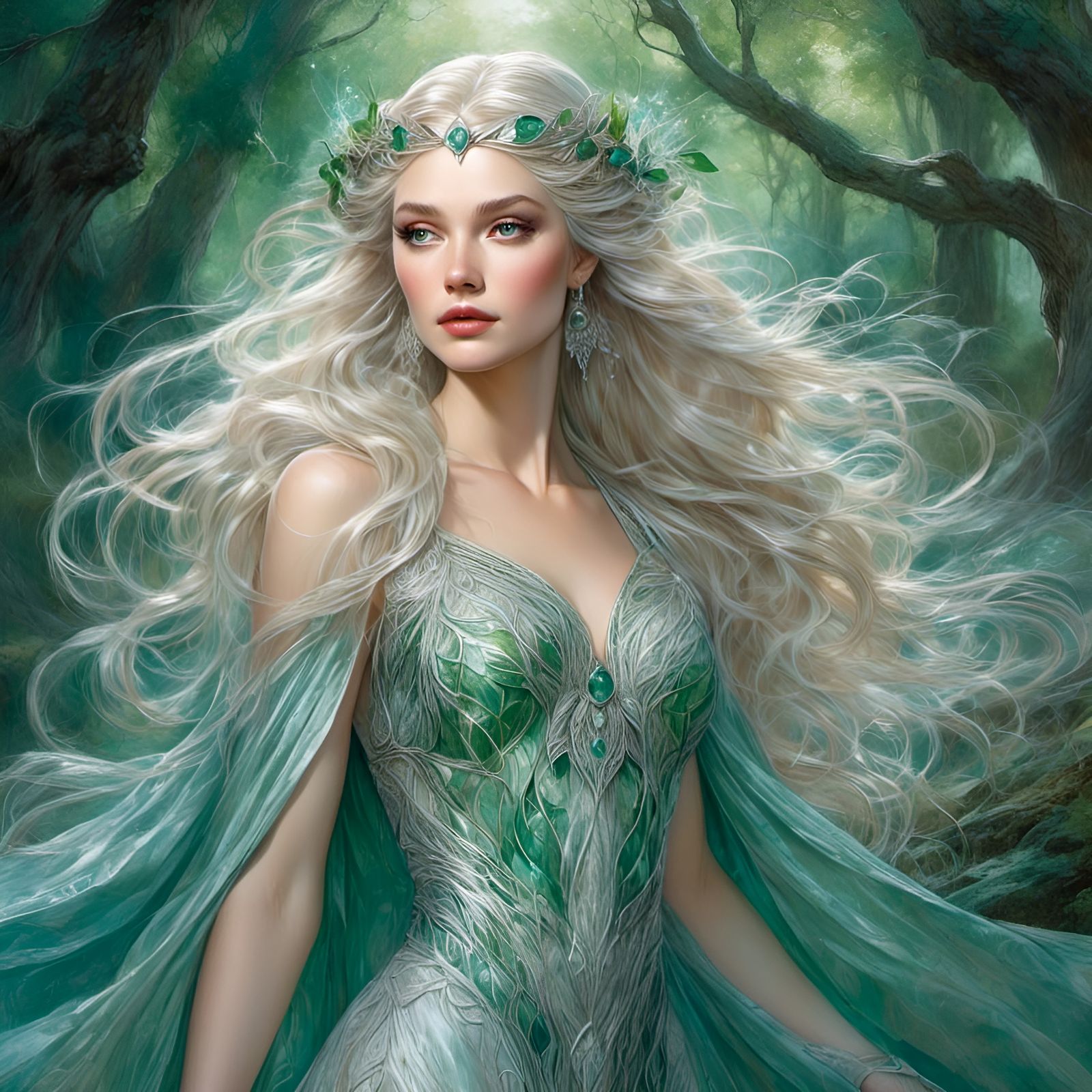 <lora:Swords-n-Sorcery:1.0> Enter the mystical realm of Lothlorien and behold the ethereal beauty of the Elf Queen Galadriel, with her flowi...