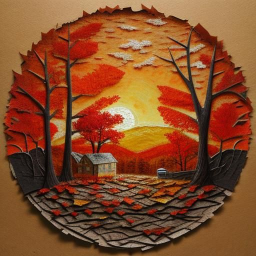 textured torn paper art. Cozy Autumn scene orange, red, brown mood