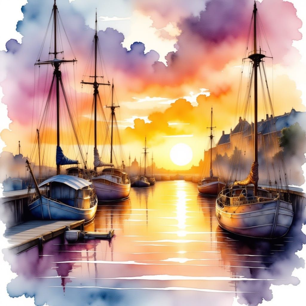 Watercolor painting a fantasy harbor in golden hour, vibrant warm colors, abstract edges, whimsical, dreamy <lora:Watercolor Megamix:1.0>