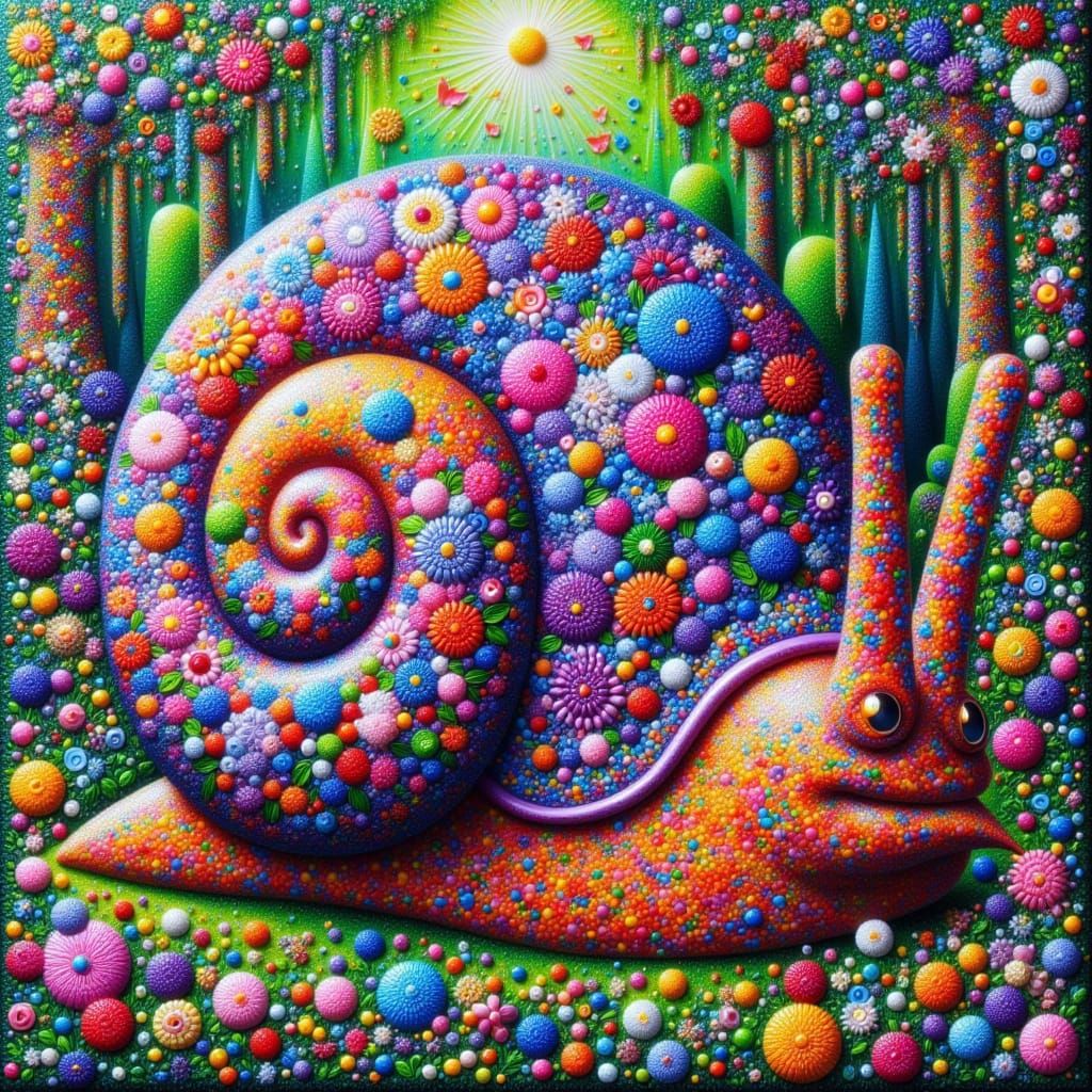 <lora:kak-colorful Impasto:1.0> surrealistic snail, colorful, made entirely of small, clustered colorful flowers in a colorful balcony with ...
