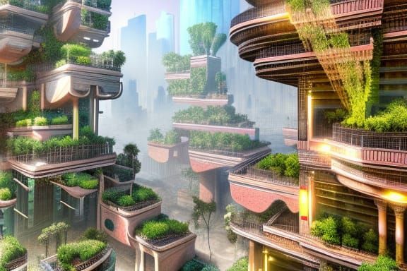 hanging gardens of babylon in a cyberpunk city detailed matt...