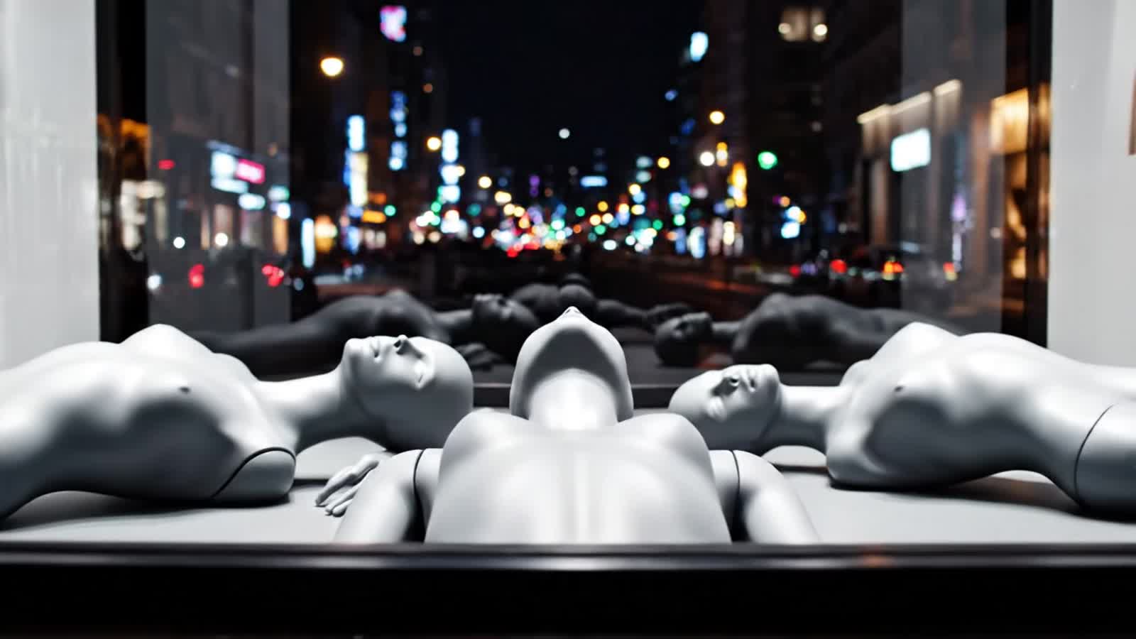 Mannequins without any accessories are laying on the shop window. Suddenly one of them is turning its head towards the v...