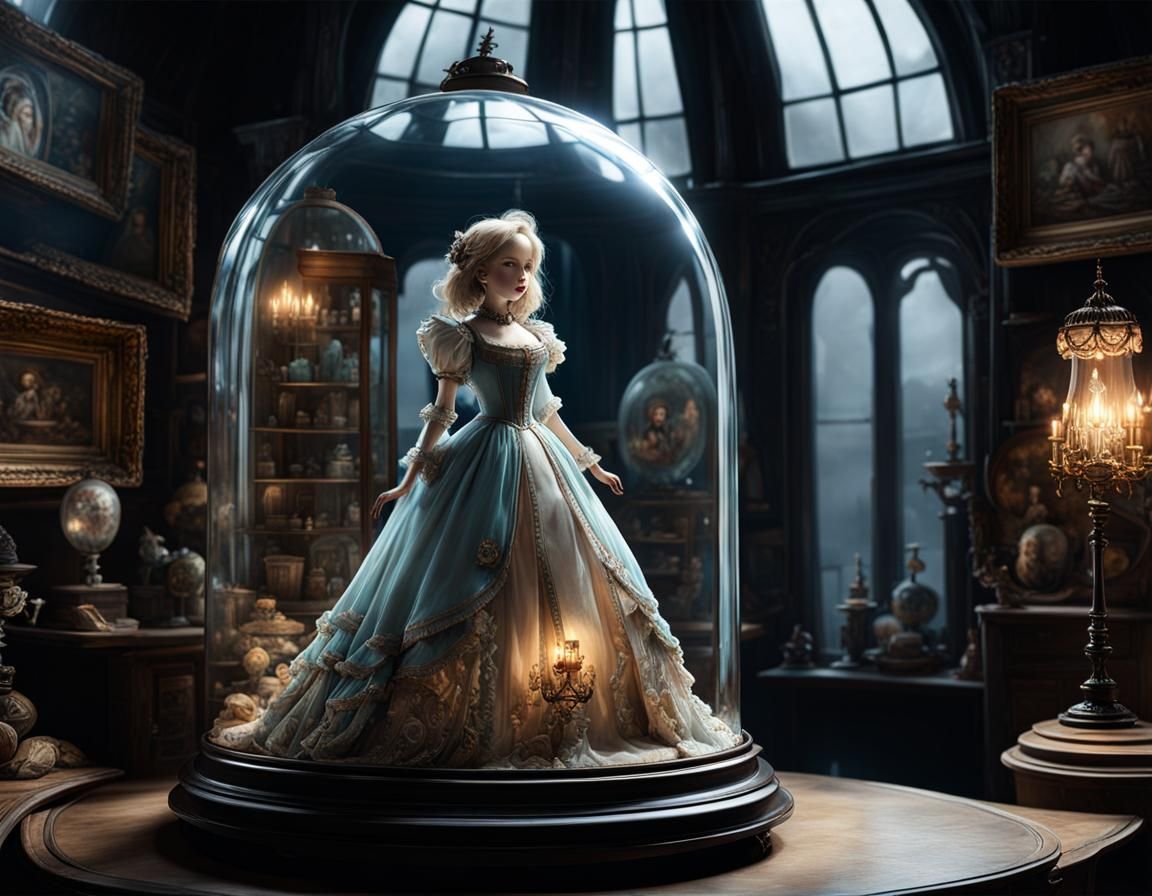 a creepy haunted porcelain doll with glassy eyes and a pretty dress dancing under a glass dome, sitting ...  by @Summerchild