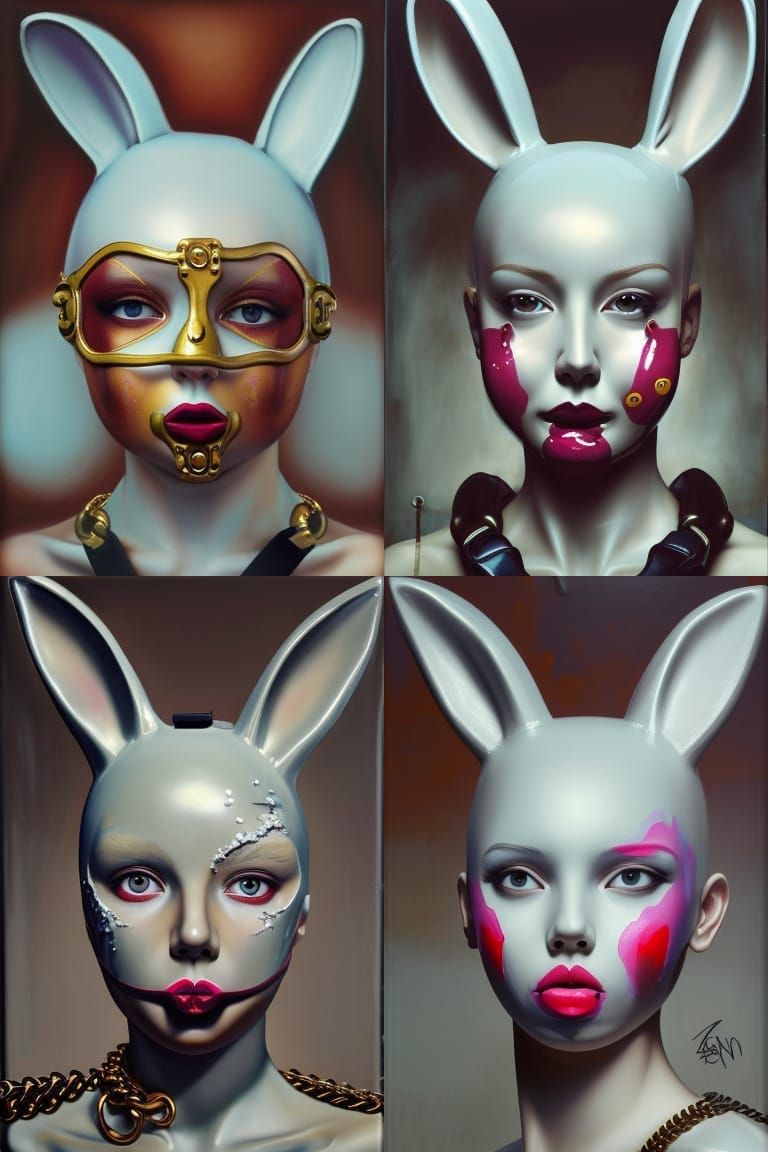 girl in latex bunny mask. beautiful face. ball gag, collar o...