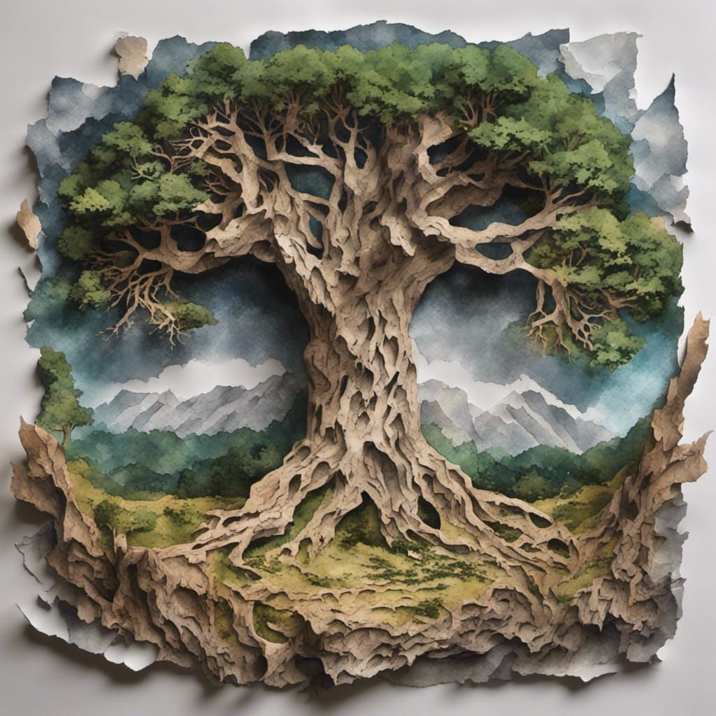 Norse Yggdrasil Tree of Life Paper Collage, Ash Tree, Odin, Textured Watercolor Paper, detailed matte painting ...  by @TC