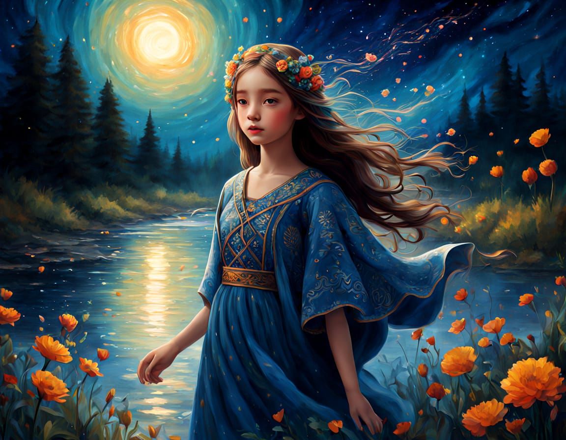 Dreamlike Riverbank Scene with Blythe Doll in Folk-Inspired ...