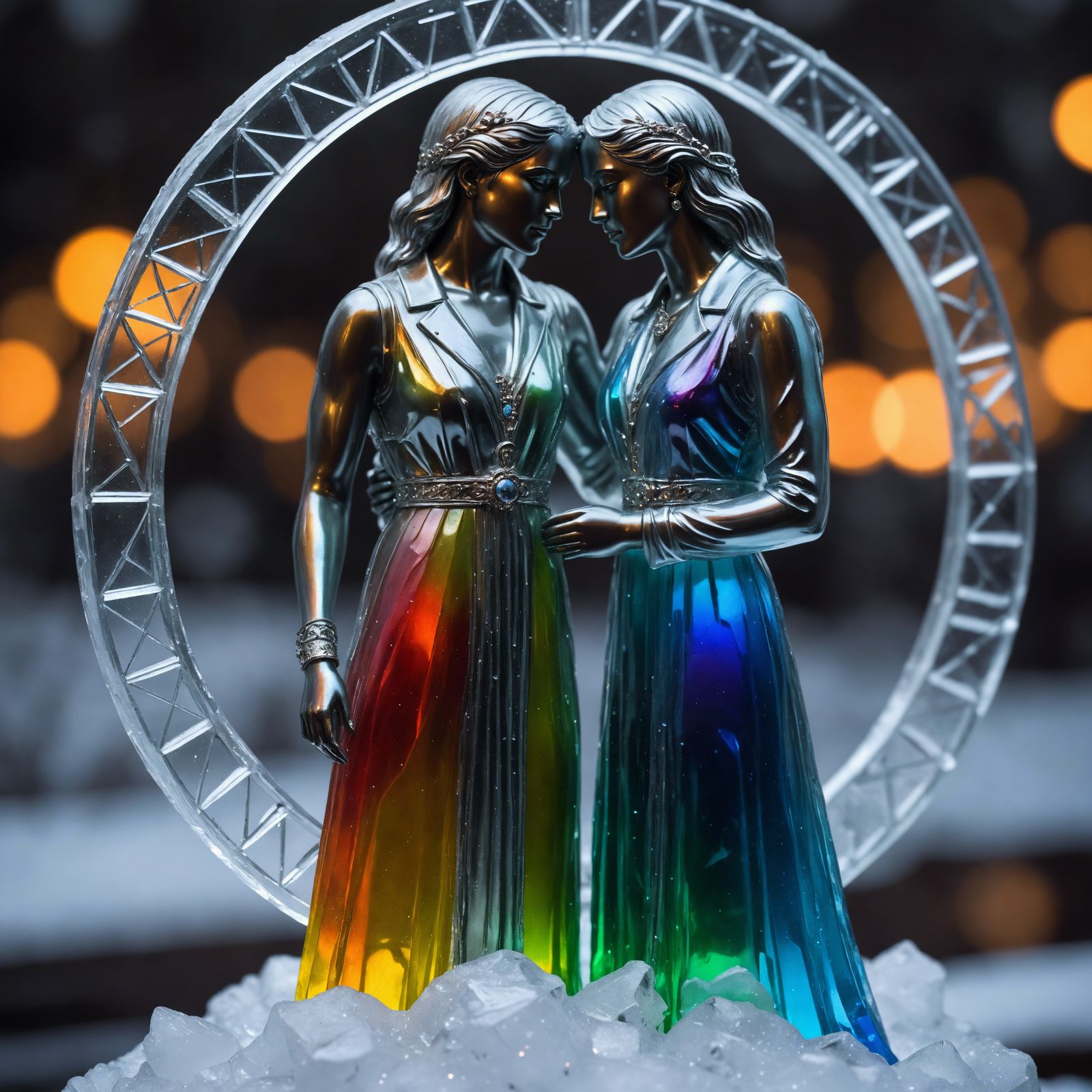 Art Deco metal lesbian pride sculpture,, art by Abdur-Rahman Chughtai, Claude Monet, Fujifilm color positive, medium for...