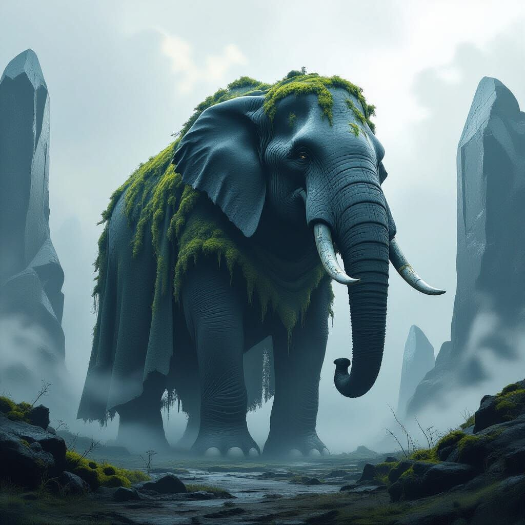 A colossal, ancient elephant made of polished obsidian, standing serenely in a misty, forgotten world. The landscape is dotted with colossal...