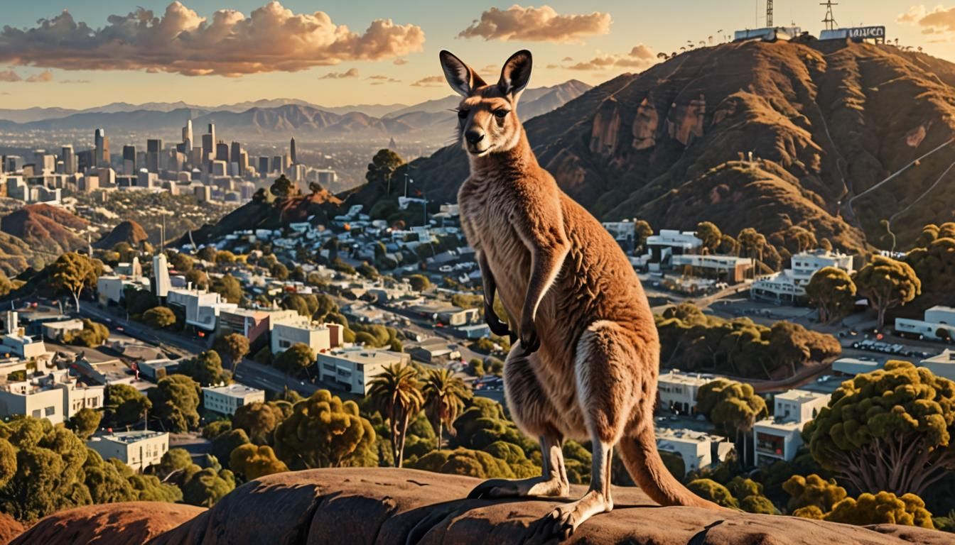 Movie star kangaroo with the Hollywood sign in the backgroun...