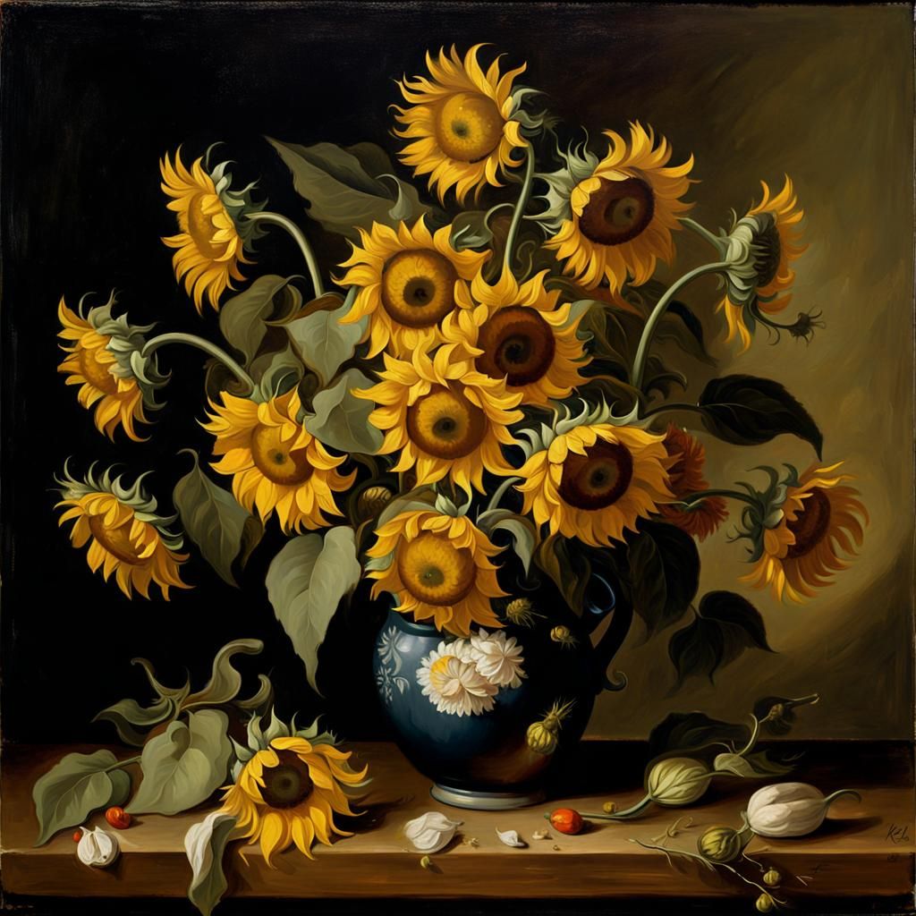 Twelve sunflowers in a wooden pitcher, oil painting still li...