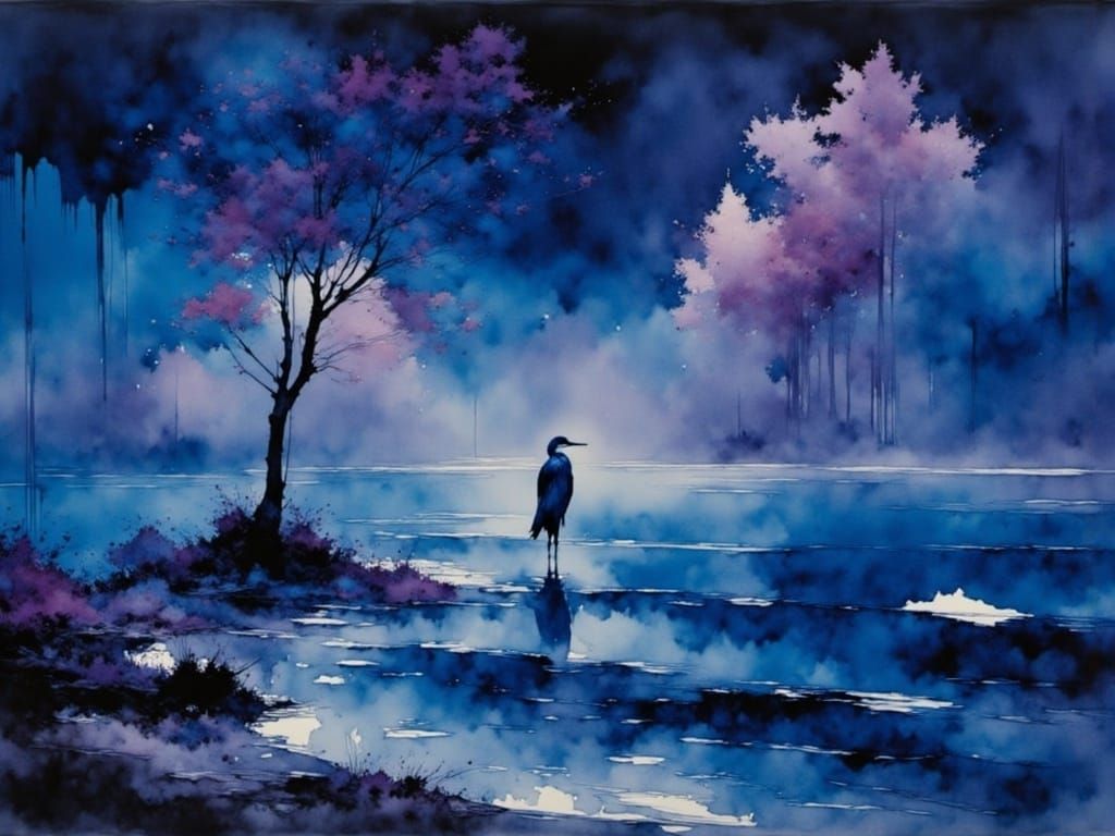 heron, lake, mist, trees in background, night, purple, blue mauve palette<lora:Paysage:1.5> 