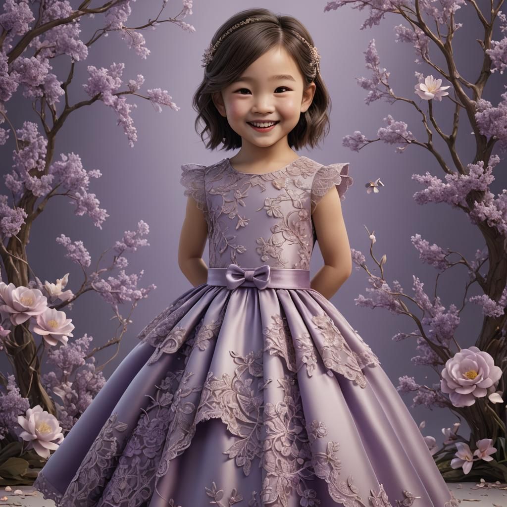 Toddler girl Asian brown hair smile lace satin party dress l...