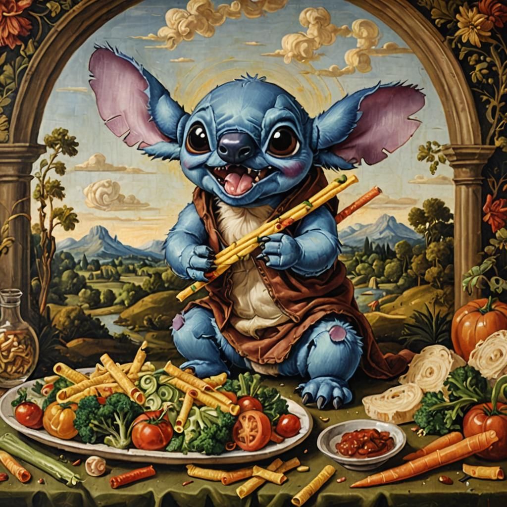 Stitch munching on veggie straws, renaissance painting