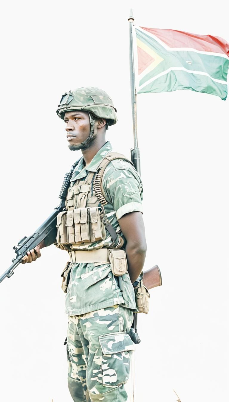 South African soldier in front of a flag{ from sketch