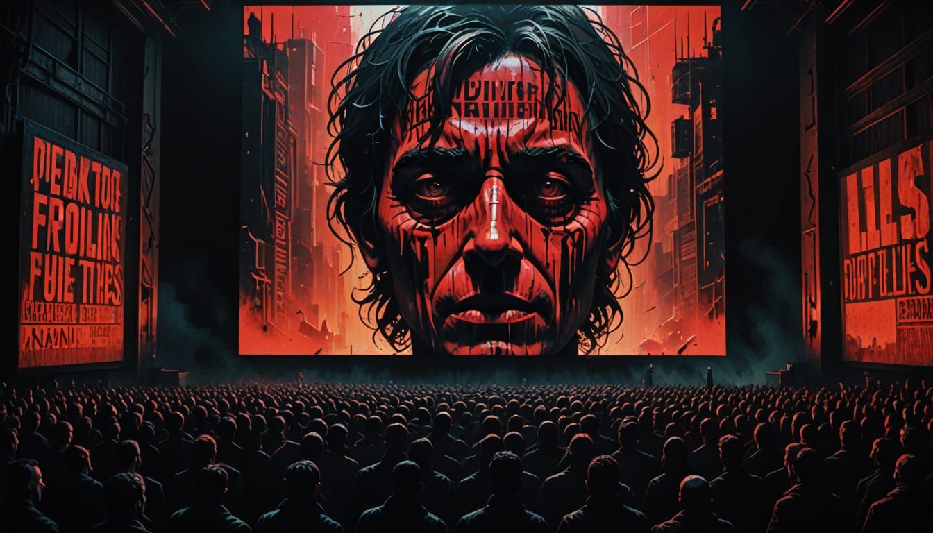 Illustrate a propaganda poster-style image with a massive crowd watching a giant screen displaying a distorted face, representing a politica...