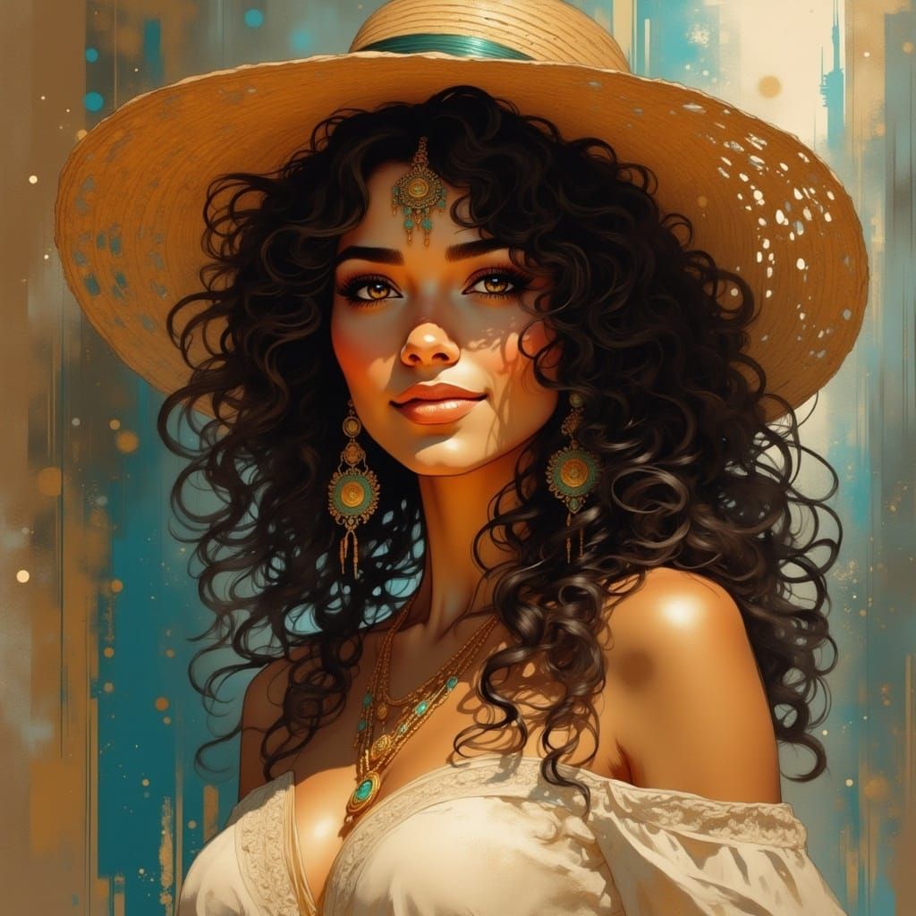 portrait, happy boho female, big smile, dark curly hair, boho blouse, straw hat, cool palette, fantasy background <lora:Flux-Inked:1.0> 
