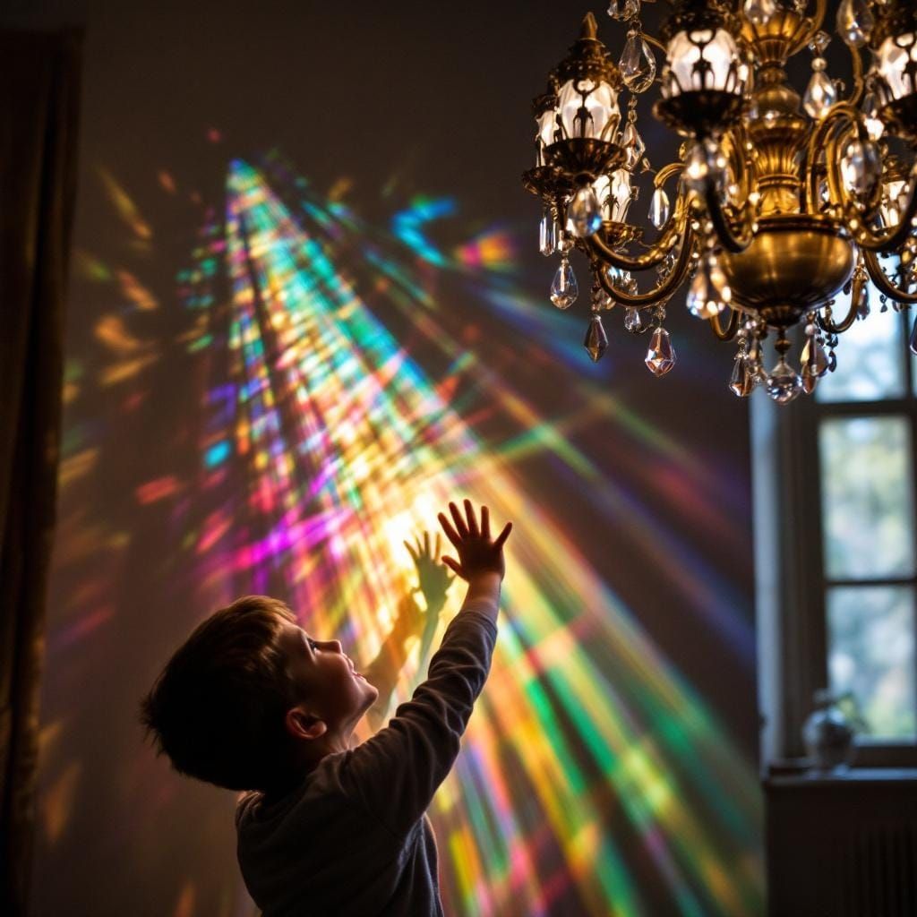 Pure Joy, a small boy smiling looks up holding up his hand to touch the color  by @Murray