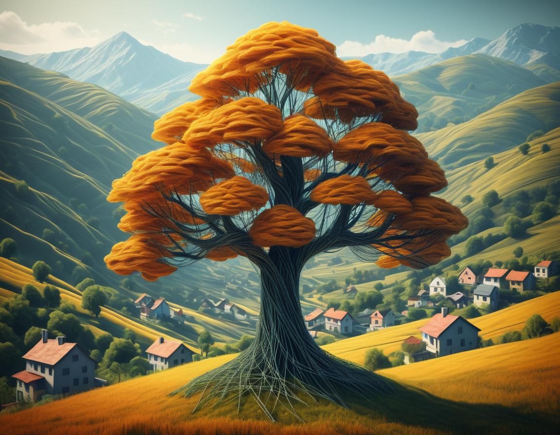 A tree made of strings. landscape of hills made of strings. ...