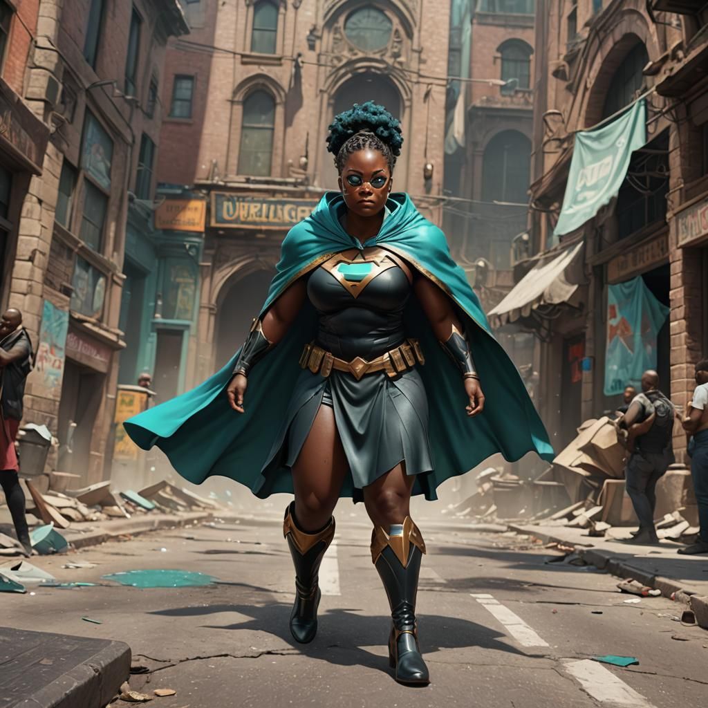 Bbw black superhero in skirt and turquoise cape - AI Generated Artwork -  NightCafe Creator