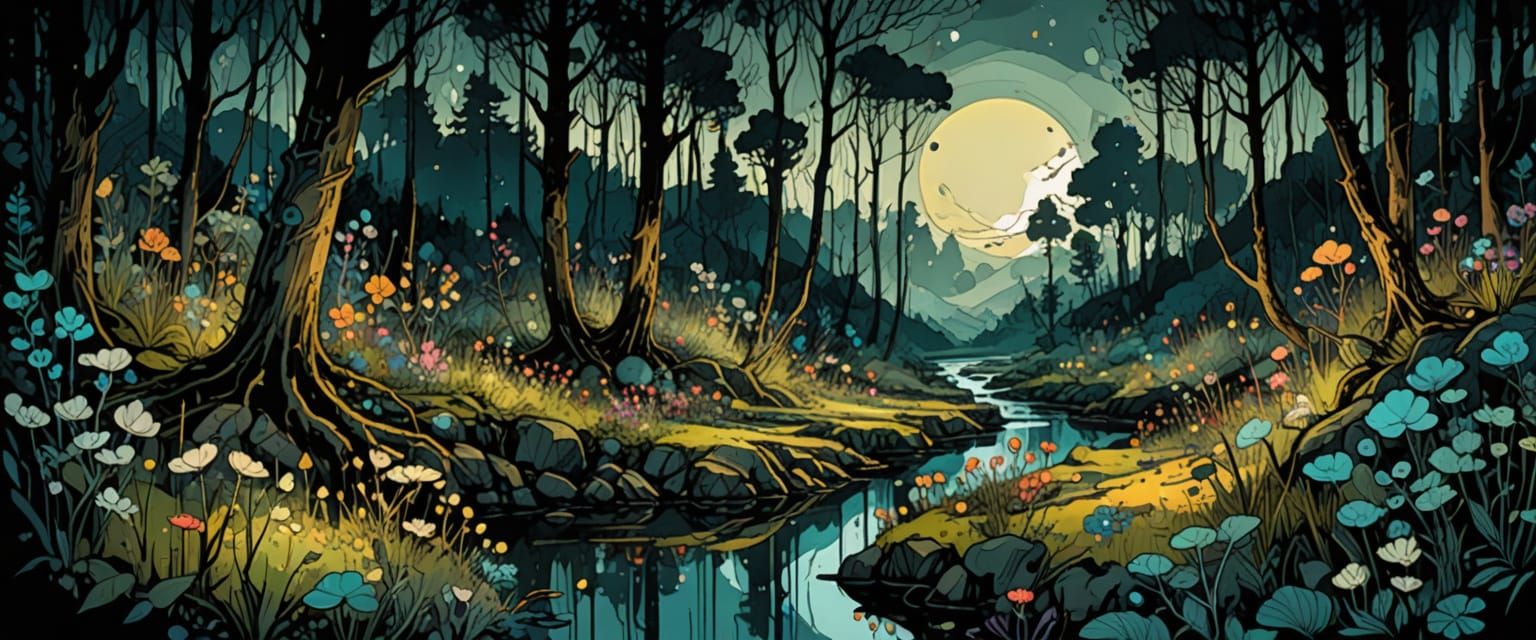 nightscape in a forest near a stream, flowers, intricate details, bright moody colors, highly water-diluted alcohol ink, black ink sketch el...