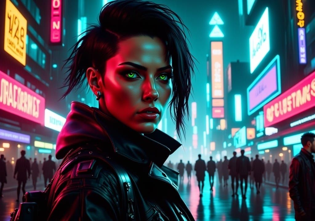 Insanely detailed portrait of a Beautiful cyberpunk woman in a cyberpunk city. Blade Eunner, Cyberpunk 2077, neon lights, neon colors <lora:...