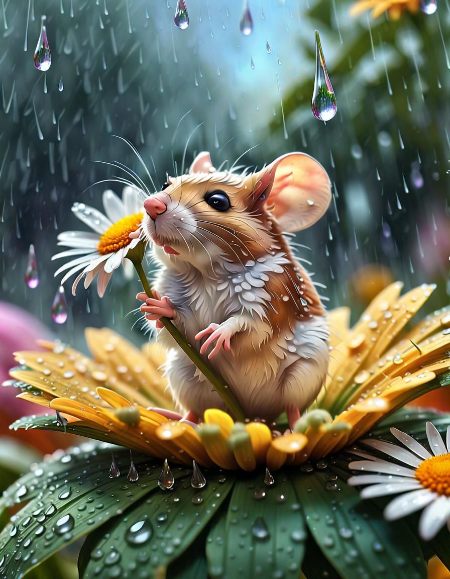 A mice came to give you a flower in rain  by @SmitAiArtist