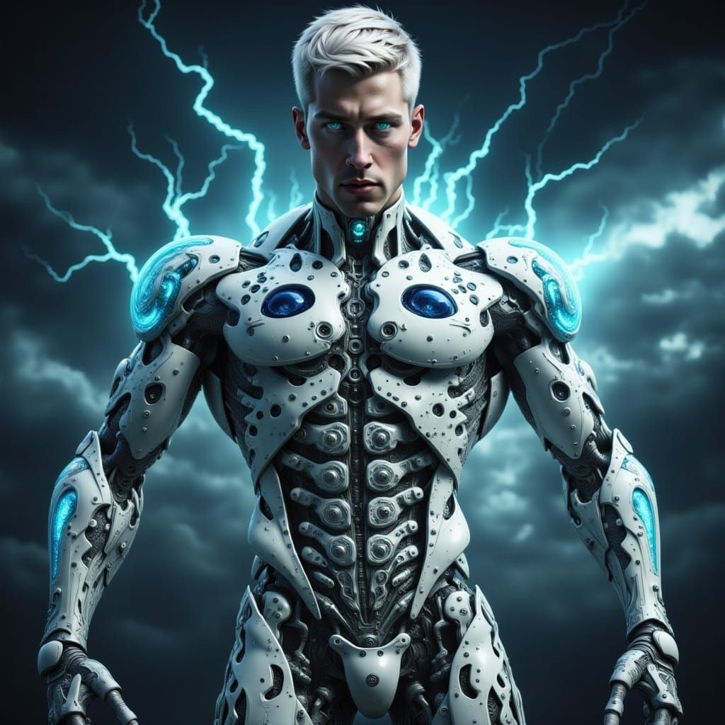 Very handsome young looking male Adonis god with piercing glowing blue eyes and glowing smooth pale skin, roman, short sleek gray hair muscl...